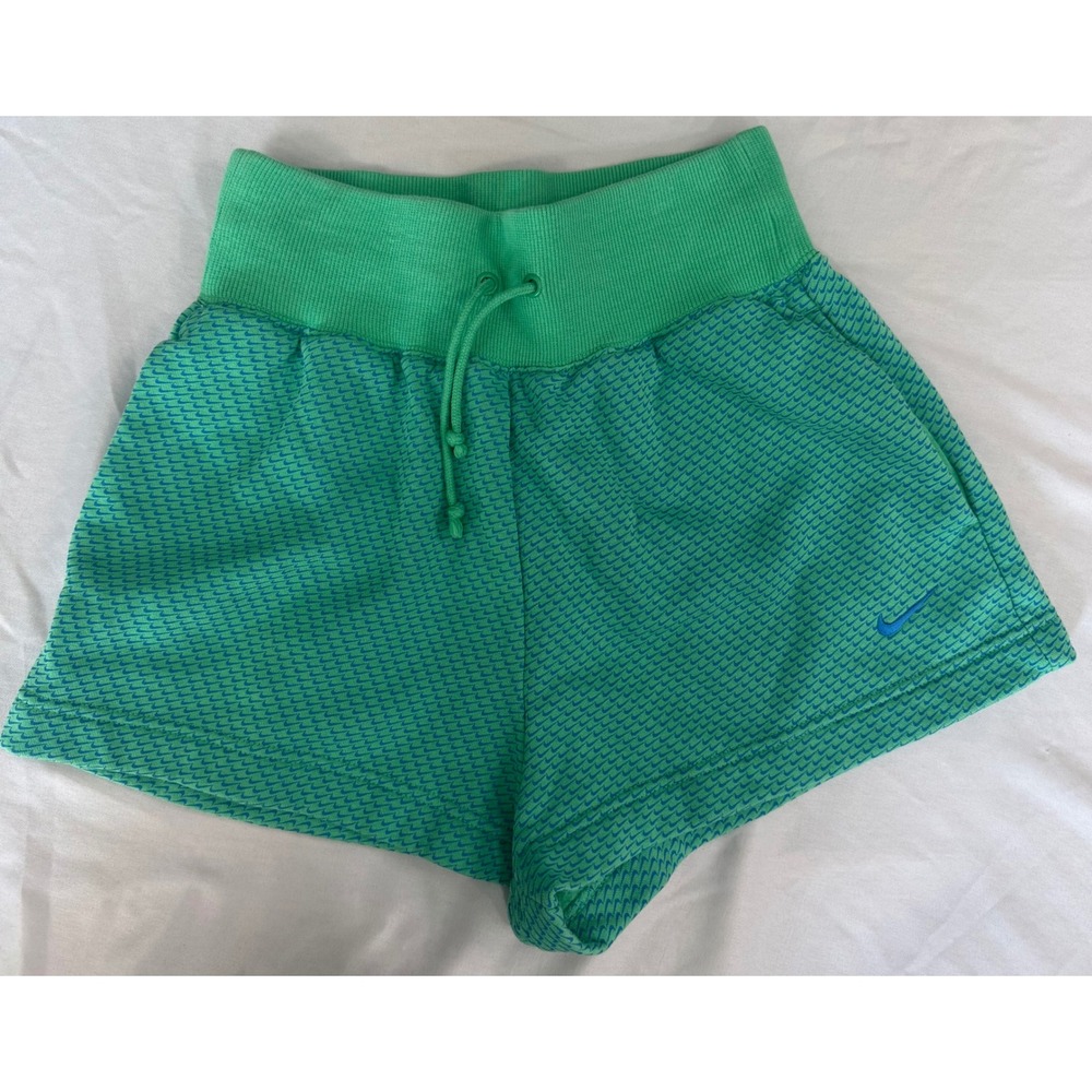 Nike Womens Green Blue All Over Micro Swoosh Print Fleece Shorts XS High Waist